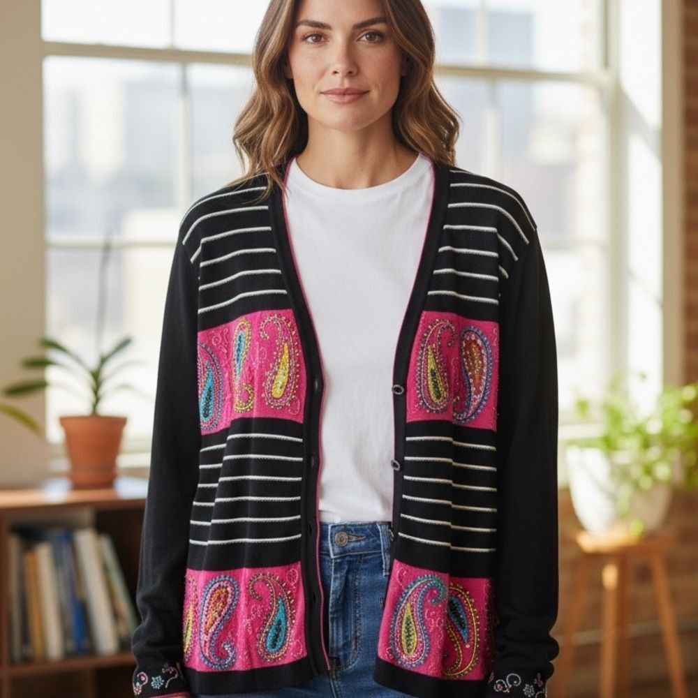 EUC - Just B Women’s Paisley Button Up Cardigan Sweater - Size XL